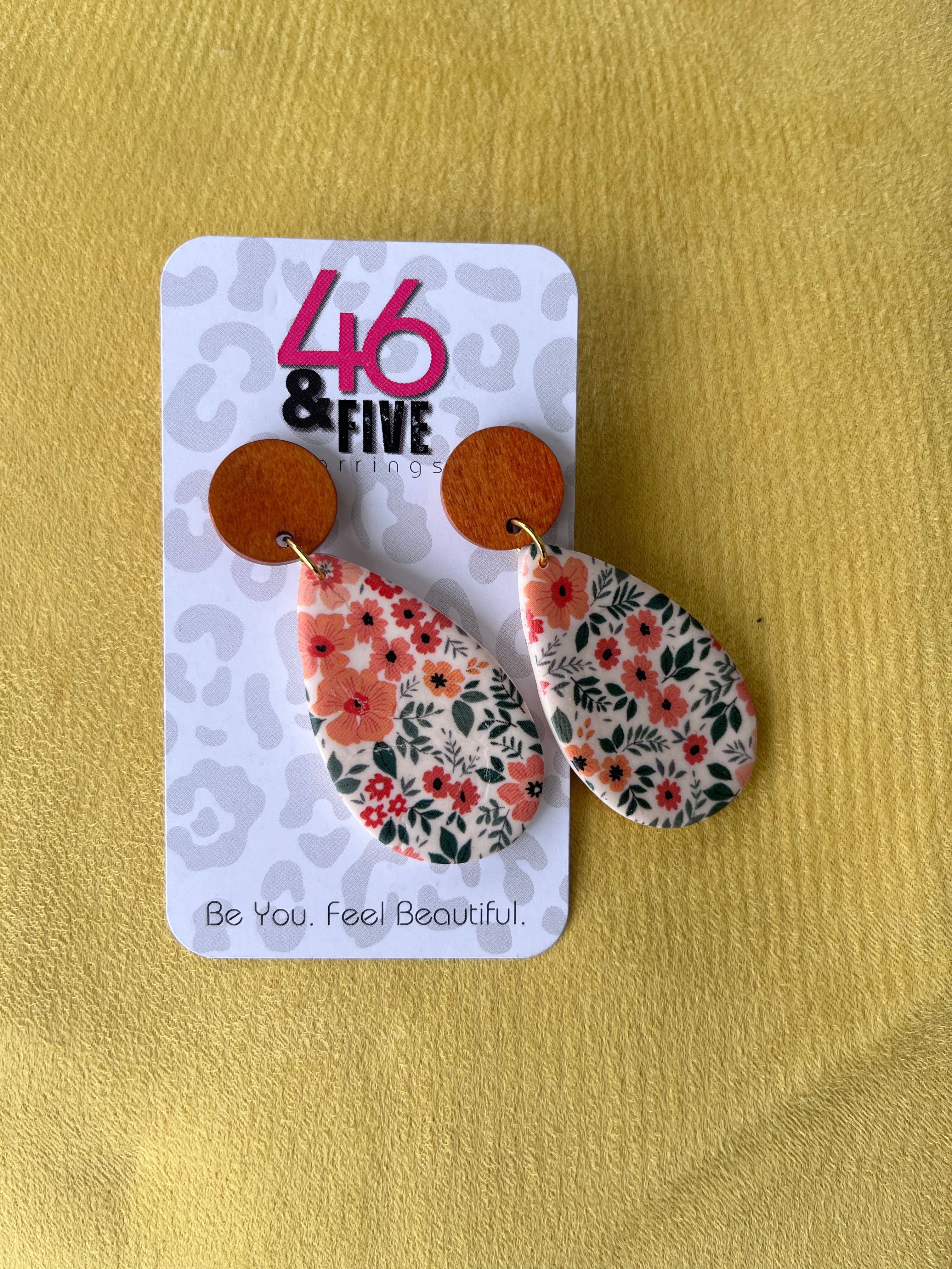 “Flora Vida”Wooden Topper Clay Teardrop Earrings