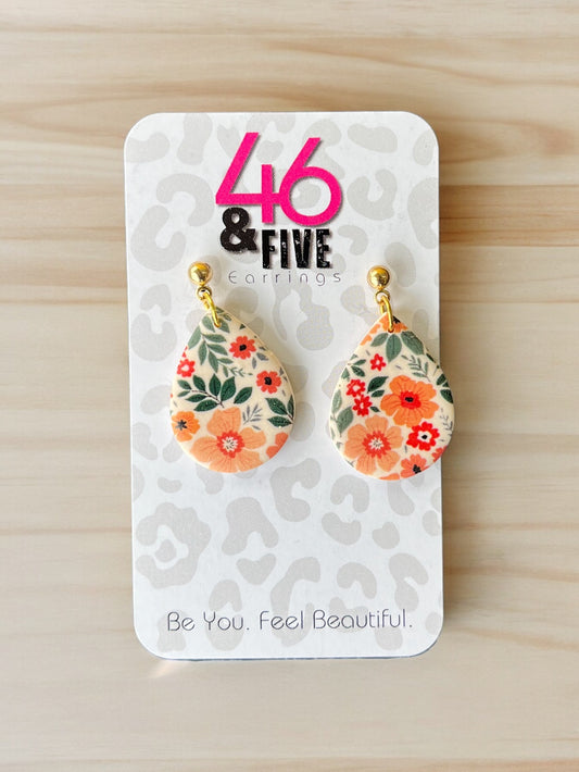 “Flora Vida”Wooden Topper Clay Teardrop Earrings