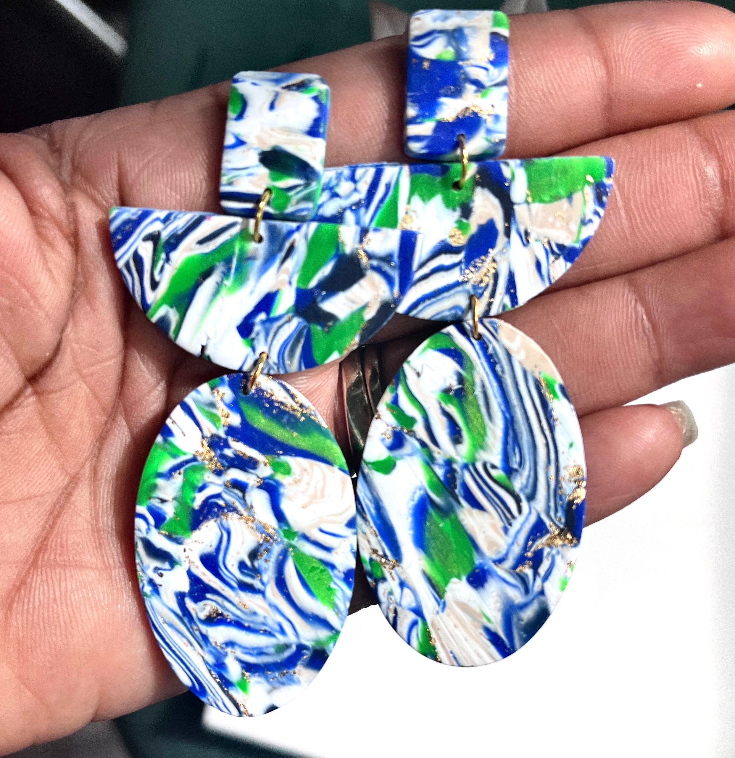 Patterned marble blue statement dangles