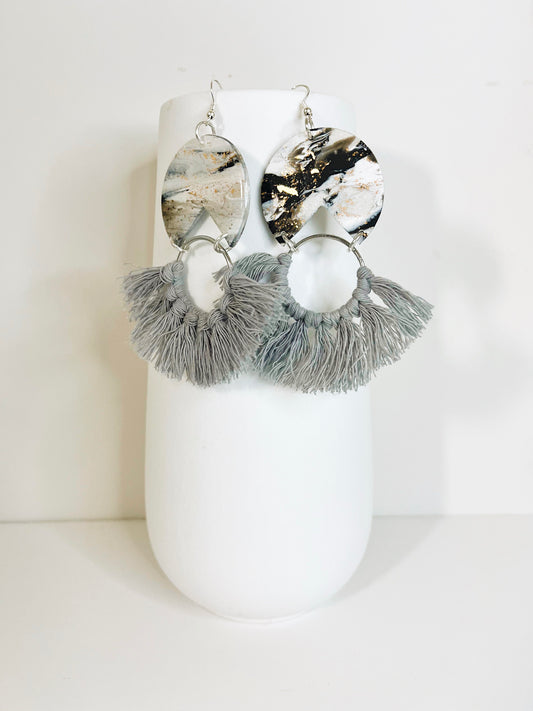 Tabitha grey polymer, metal and macrame earrings 1955